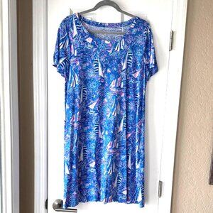 Lilly Pulitzer Blue Pink Sailboat Print Short Sleeve Flare Dress Size Large